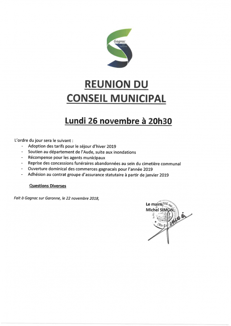 Ordre du jour du Conseil Municipal du 26/11/2018