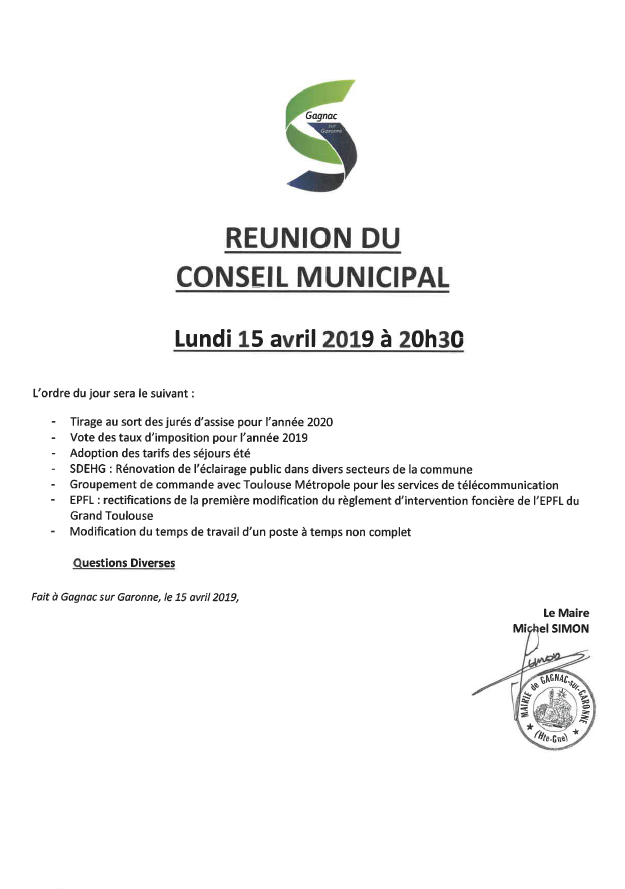 Conseil municipal du 15/04 : ordre du jour