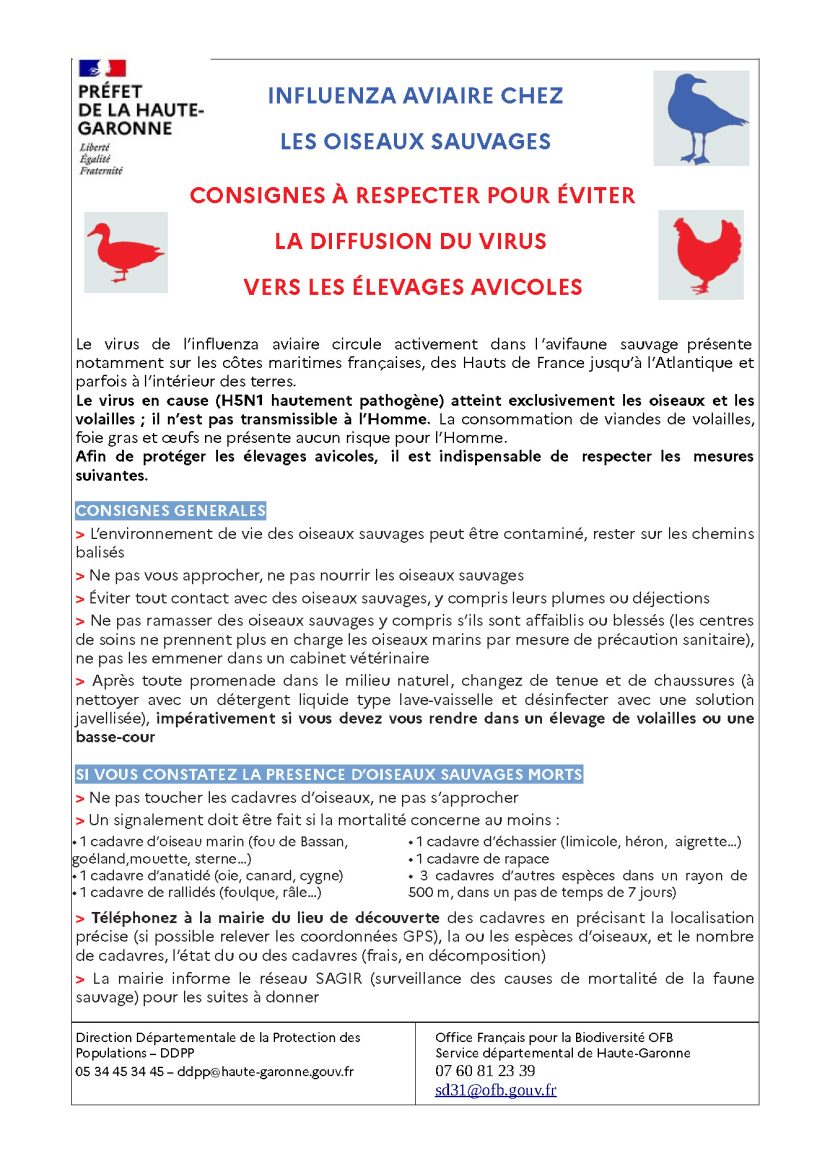 INFLUENZA AVIAIRE – ARRETE PREFECTORAL